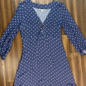 70s Navy Blue Polka Dot Long Sleeve Mini A line Dress, keyhole front tie, V Neck
